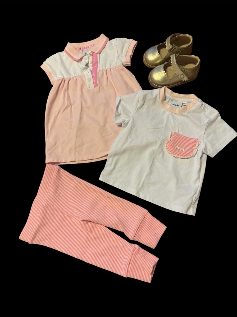 BOSS cotton Baby Pink & White Outfit Set with Gold Shoes brand new size 12 month